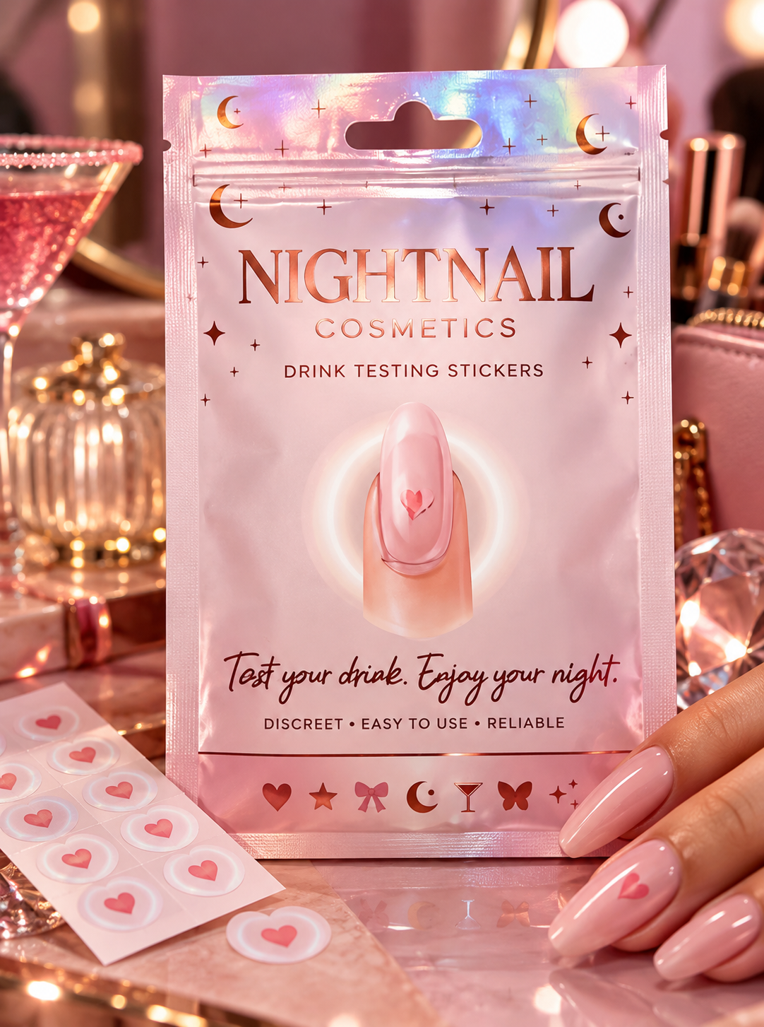 Embalagem rosa Nightnail Cosmetics com stickers em forma de coração